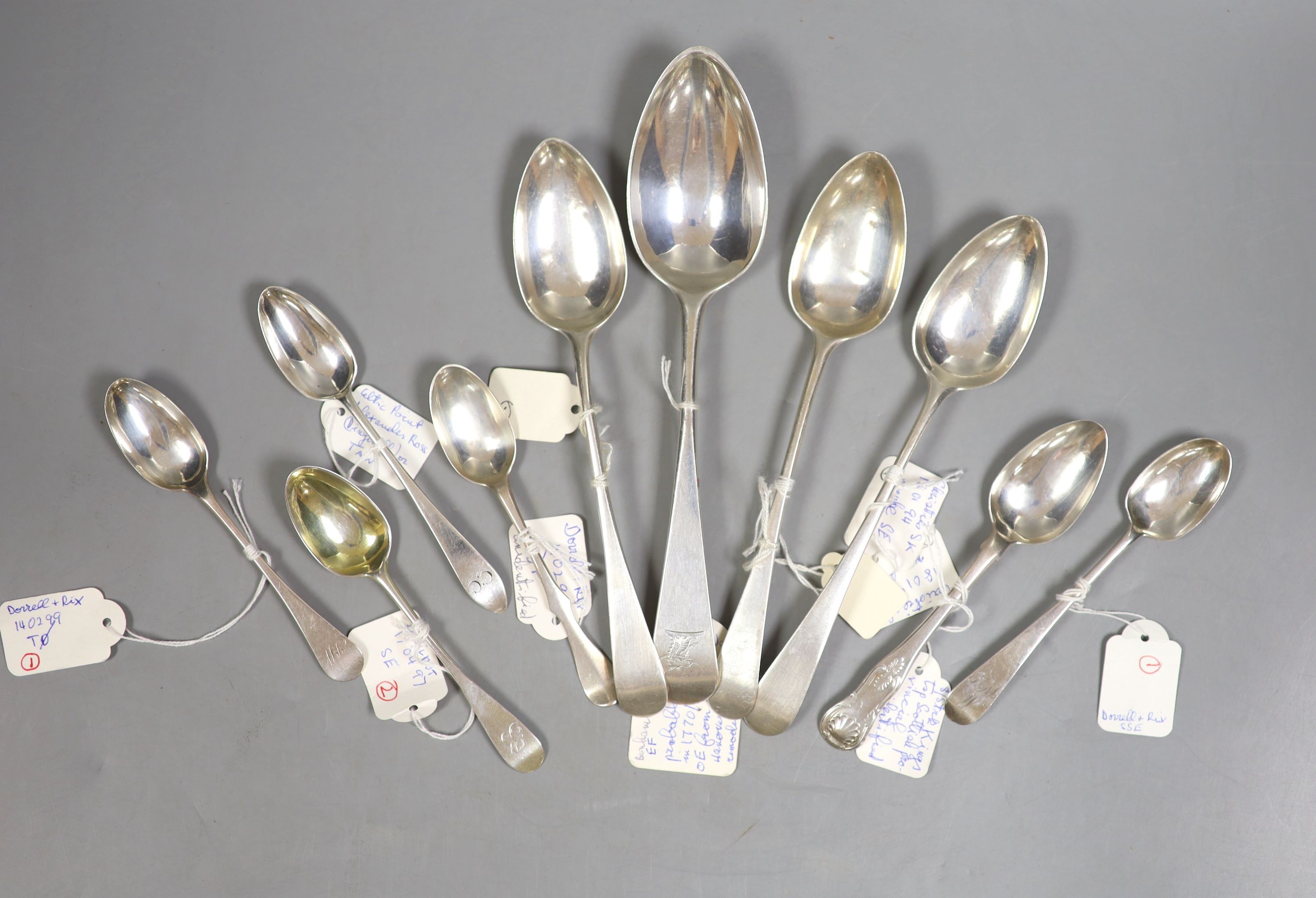 A small collection of 18th century and later Scottish silver flatware, including tablespoon, McD, Edinburgh, 1754, 21.7cm, three dessert spoons, McD, Edinburgh, 1802 and six teaspoons, including one Glasgow and five unid